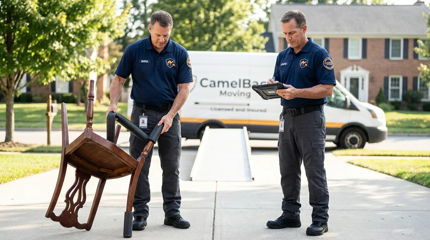 Movers inspecting furniture for damage prevention before loading in Richmond, IL